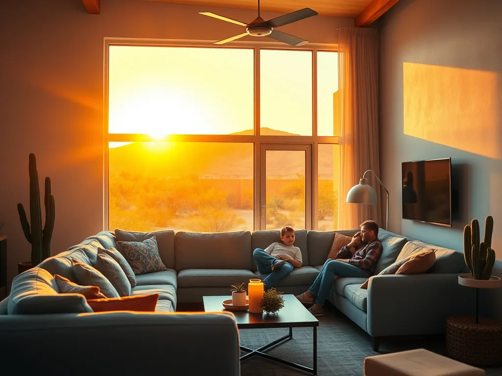 Family relaxing in a cool Phoenix living room while summer sun blazes outside