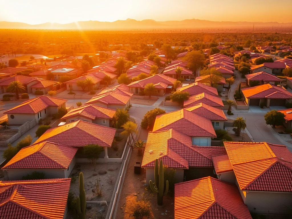 Phoenix suburban rooftops shimmering in summer heat haze