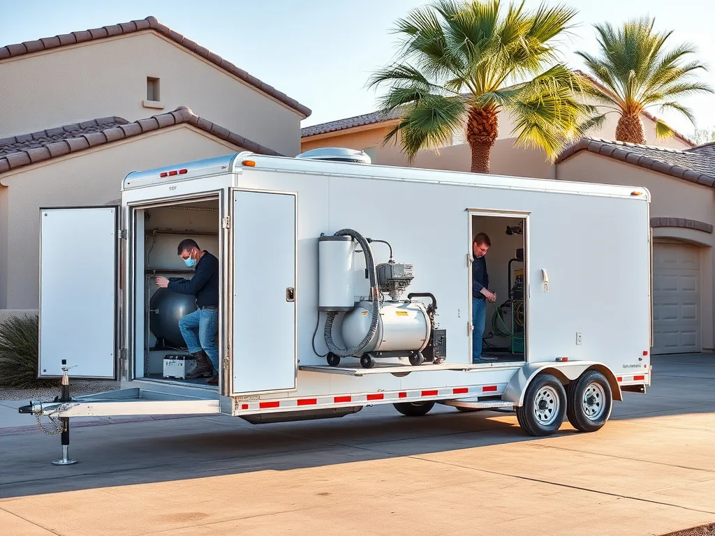 PHX Spray Foam rig trailer set up at a Phoenix jobsite