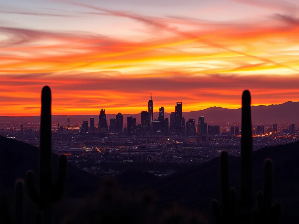Phoenix Arizona skyline at dusk from South Mountain